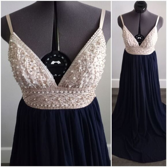 NEW Speechless Dress Size 1 Cream Blue Formal Beaded Prom Gown Flowy Sleeveless - Picture 2 of 6